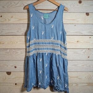 Judith March Boho Chambray Embroidered Deer Dress Tencel Lace Cottagecore Large
